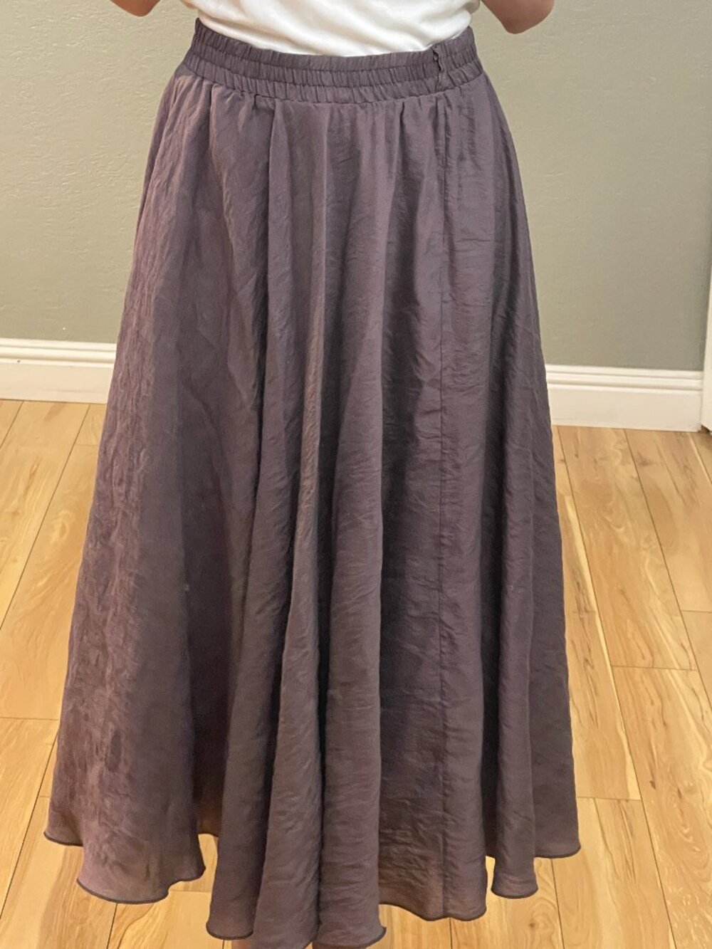Brown Satin-Look Full Circle Midi Skirt – Flowy Elastic Waist Skirt XS